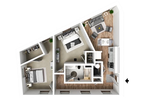 Floor plan for 2 beds, 1 bath, 882 sqft